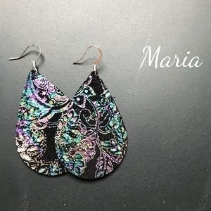 "Maria" Multicolor/Black Paisley Leather Earrings